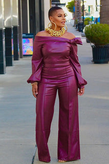 Pre-Order Faux Leather Wide Leg off Shoulder latern sleeve