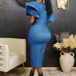 Flare Short Sleeve Denim Bodycon Midi Dress