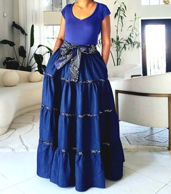 Long Denim Flare Skirt with Scarf