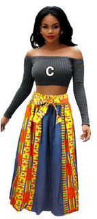 Kente & Denim Panel Skirt-