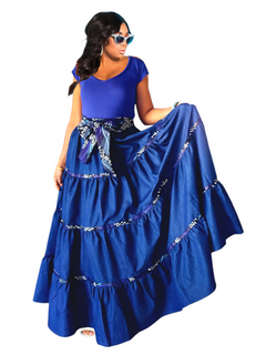 Long Denim Flare Skirt with Scarf