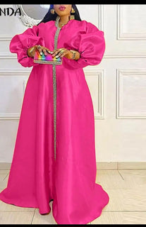 Long Latern Sleeve V-NECK  Satin Patchwork Dress