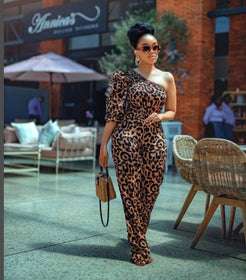 One Shoulder leopard print Jumpsuit