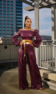 Pre-Order Faux Leather Wide Leg off Shoulder latern sleeve