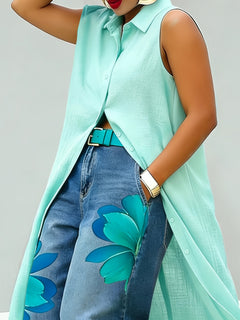 New Fashionable Summer Button Down Sold top and Baggy  Denim  flower printed Jeans
