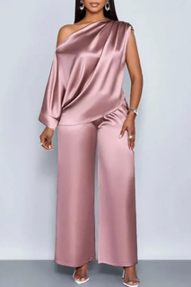 Slope Neck Short-Sleeved top Wide Leg Pants 2 pieces Set