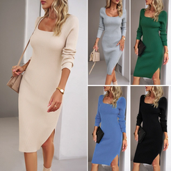 Women knitted Long sleeve Midi Pencil dress with split