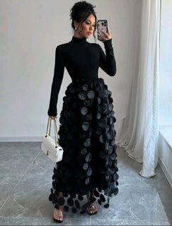 Floral Mesh turtle neck elegant long sleeve dress