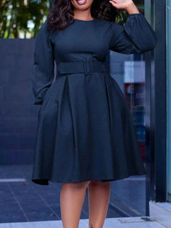O-neck Mid-day Dress with Belt