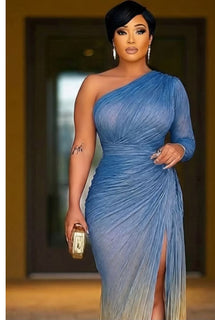 One Shoulder Cinch Waist Ruched High Slit Party Maxi Dresses-Blue