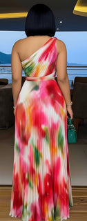 One Shoulder Cinch Waist Colorblock Maxi Dresses-Multicolor