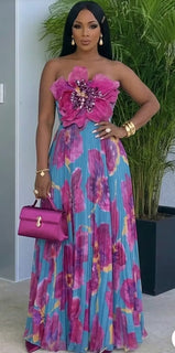 Strapless 3D Flower Colorblock A-Line Vacation Maxi Dresses-Blue [Pre Order]