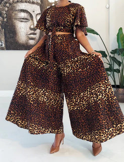 Palazzo Pant & Crop Top Set - Brown Animal Print