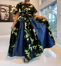 7004 Woman's Long Skirt & Crop Top Set- Denim/Camouflage