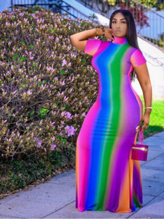 Contrasting Colors Gradient Short Sleeve Dress