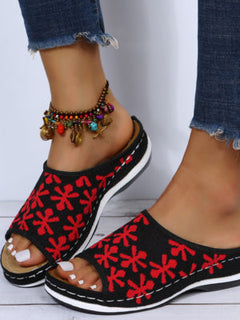 Cut out Floral-Embroidered Wedge Sandals