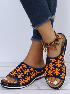 Cut out Floral-Embroidered Wedge Sandals