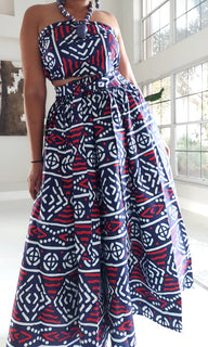 7001- Long Flared Maxi Skirt- Blue/ Red